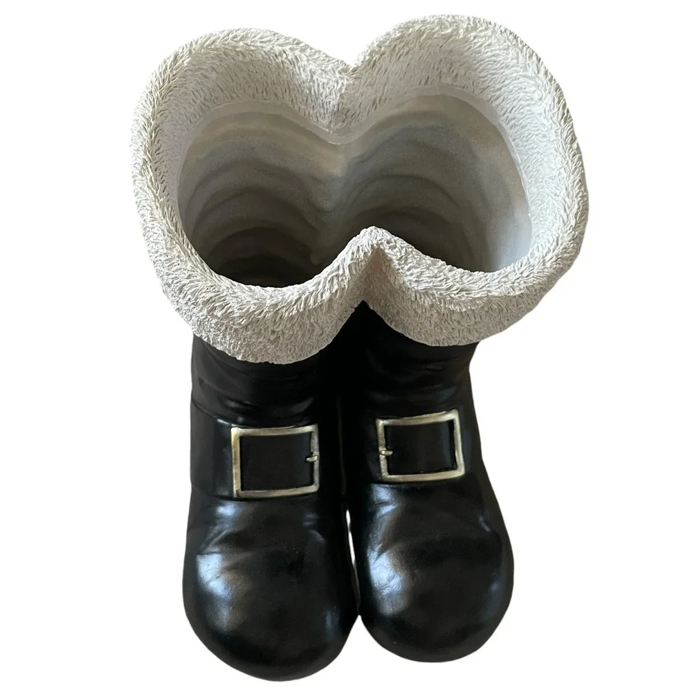 Santa Boots MERRY CHRISTMAS Container Planter Holiday Black Gold White Holiday